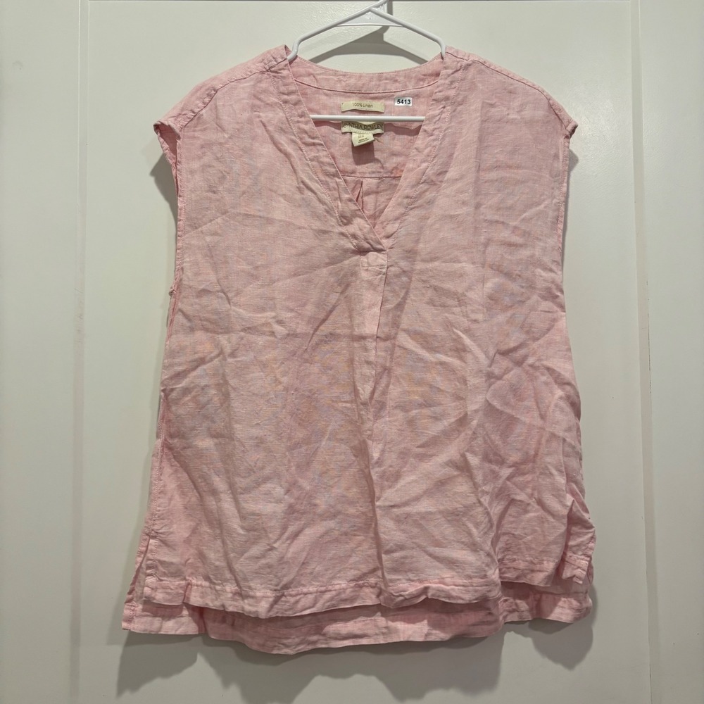Cynthia Rowley Pink 100% Linen V-Neck Sleeveless Blouse Top Womens Medium